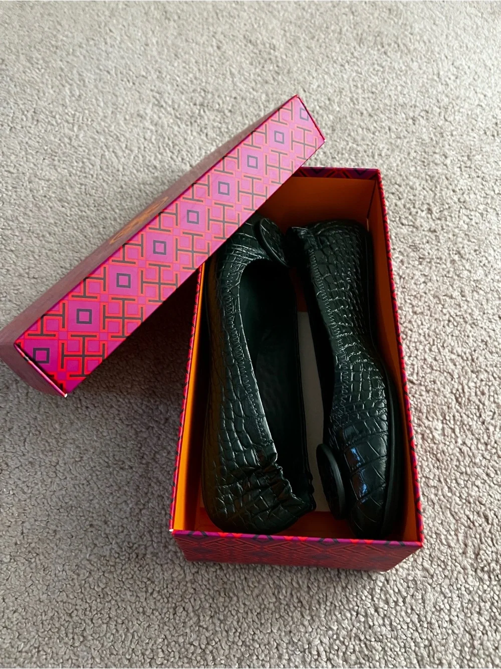 Tory Burch Green Croc-Embossed Minnie Travel Ballet Flats